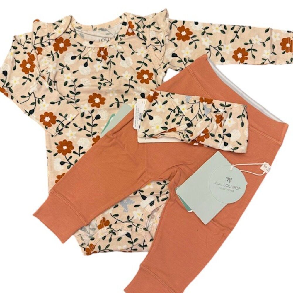 NWT Loulou Lollipop Set Ruffle Bodysuit, Pants, Headband Flower Vines Size 6-12M